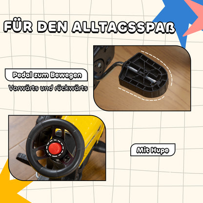 HOMCOM Trettraktor mit Anhänger, Werkzeug, Hupe, für Kinder ab 3 J., Metallrahmen, schwarz-gelb, 133 x 42 x 51 cm