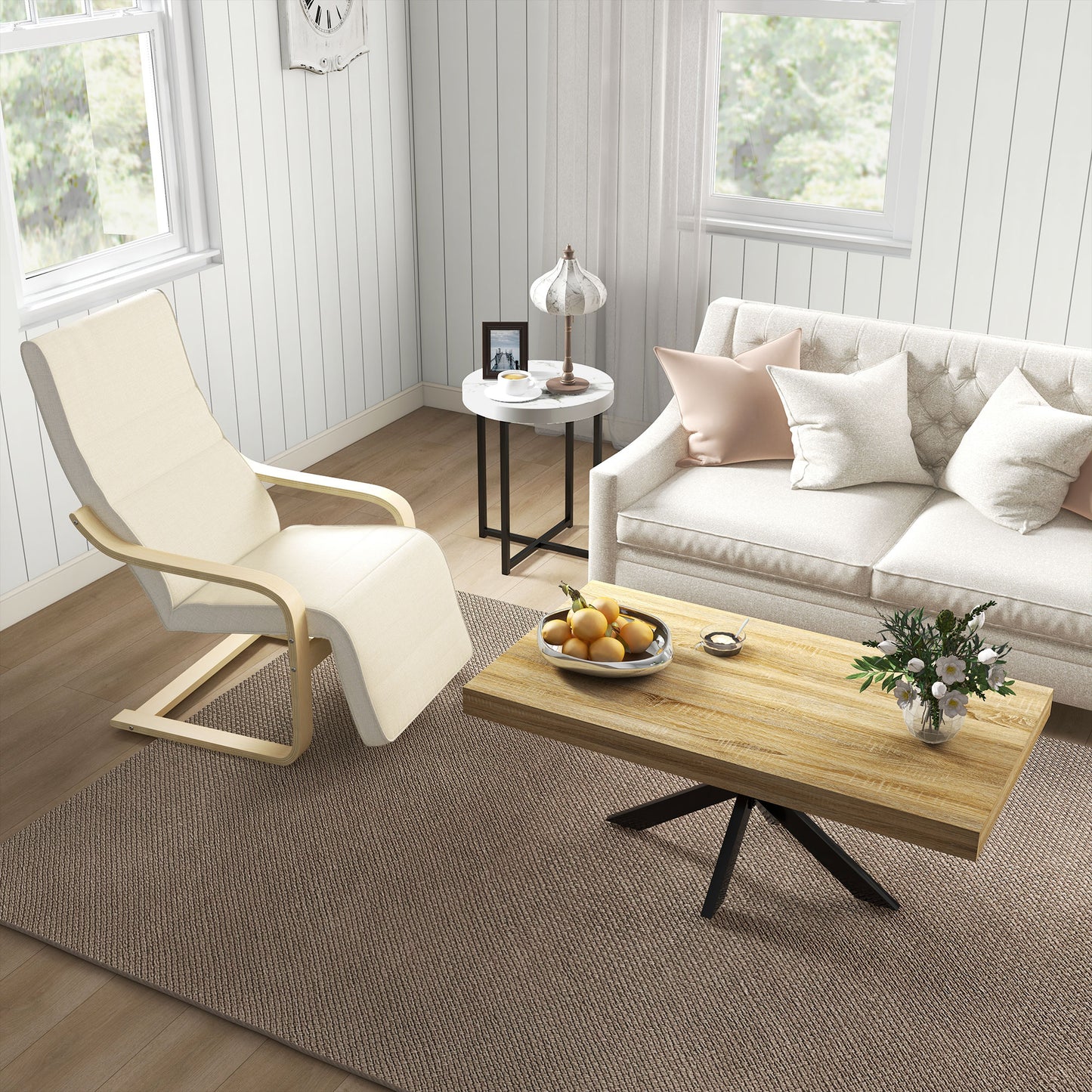 HOMCOM Liegestuhl mit Auflage, 5-stufige Fußstütze, Birkenholz, bis 120 kg, 66,5 x 94 x 100 cm, Cremeweiß