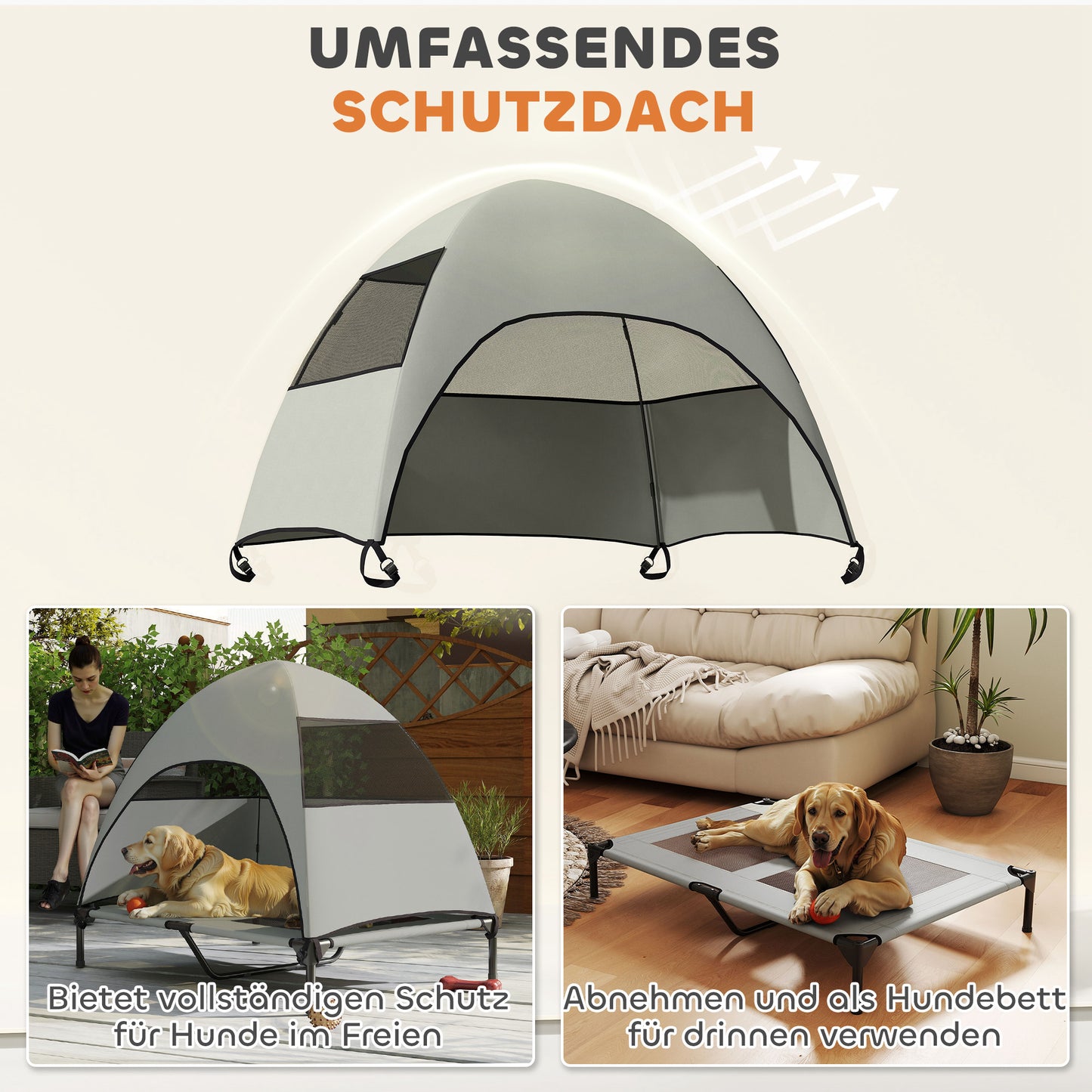 PawHut Hundeliege Outdoor mit Dach, Erhöhtes Hundebett für Große Hunde, 106 x 76 x 99 cm, Hellgrau
