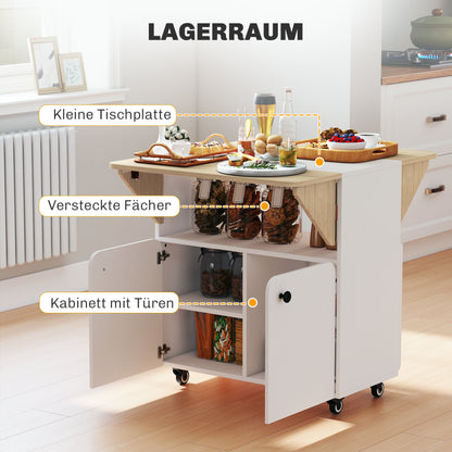 HOMCOM Klapptisch Rollschrank, zwei klappbare Tischseiten, Schrankfach, 4 Rollen, Weiß+Naturholz, 70 x 83 x 75cm