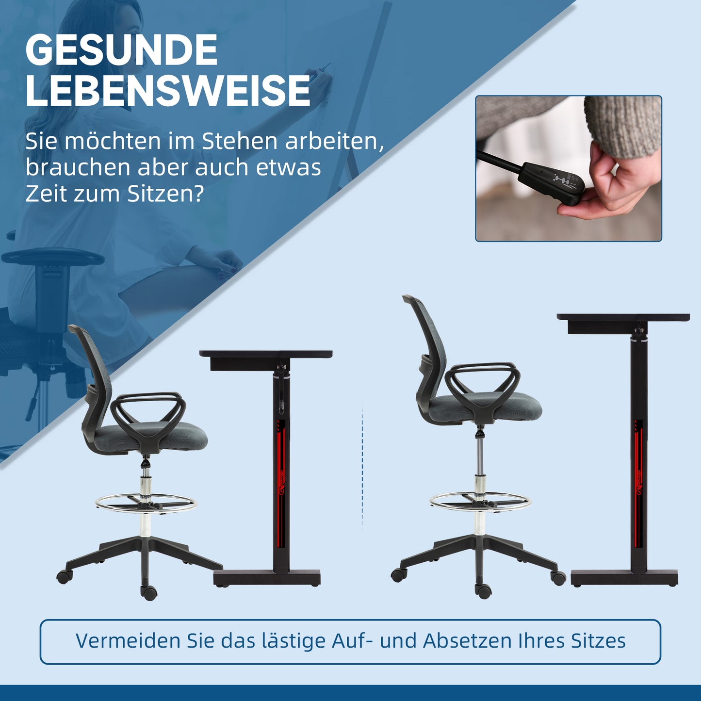 Vinsetto Bürostuhl Ergonomischer Schreibtischstuhl mit Armlehnen och Verstellbarer Fußring Netzbespannung Grau