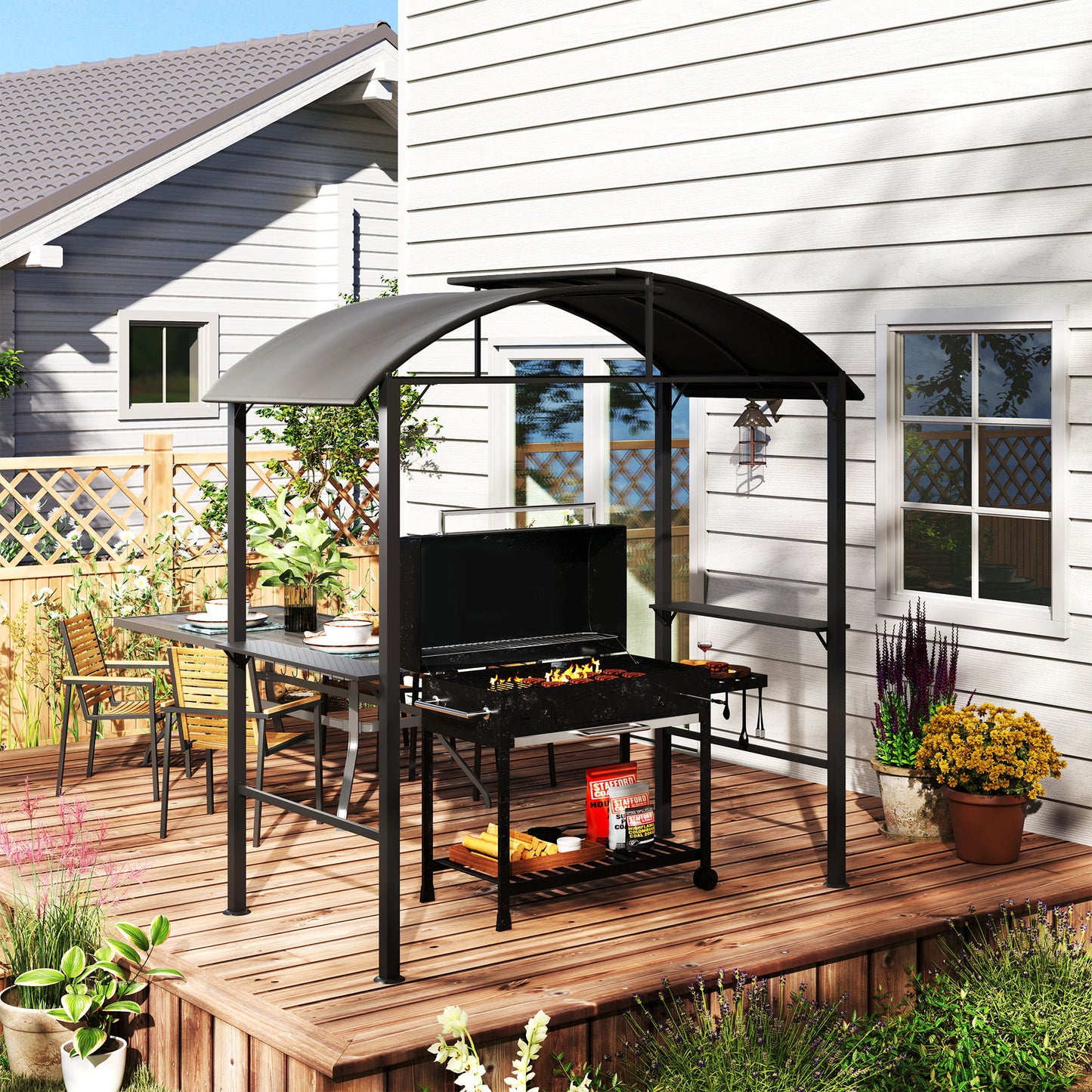 Outsunny Grillpavillon, 2 Seitenablagen, Haken, Stahlrahmen, 1,1 x 2,3m, Dunkelgrau