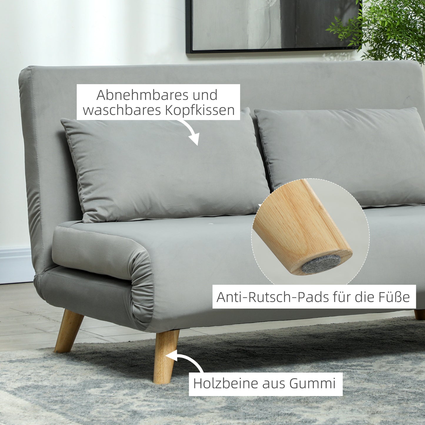 HOMCOM Schlafsofa Relaxsofa Sofa Couch, inkl. 2 Kissen, Samtoptik, 130 x 78 x 79 cm, Hellgrau