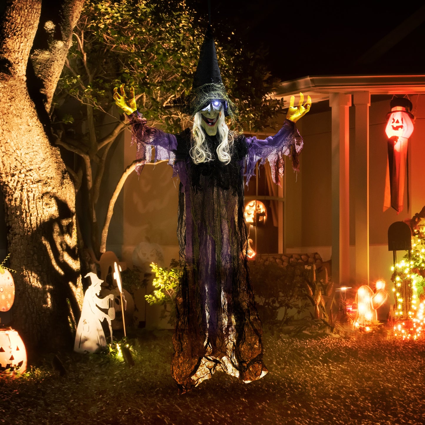 Outsunny 183cm Halloween Dekoration Hängende Halloween Hexe mit LED-Lichter, Soundfunktion verstellbare Arme, Mund