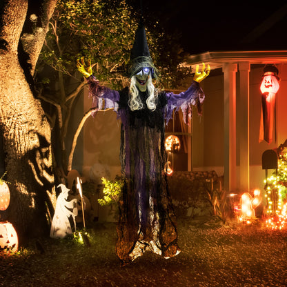 Outsunny 183cm Halloween Dekoration Hängende Halloween Hexe mit LED-Lichter, Soundfunktion verstellbare Arme, Mund