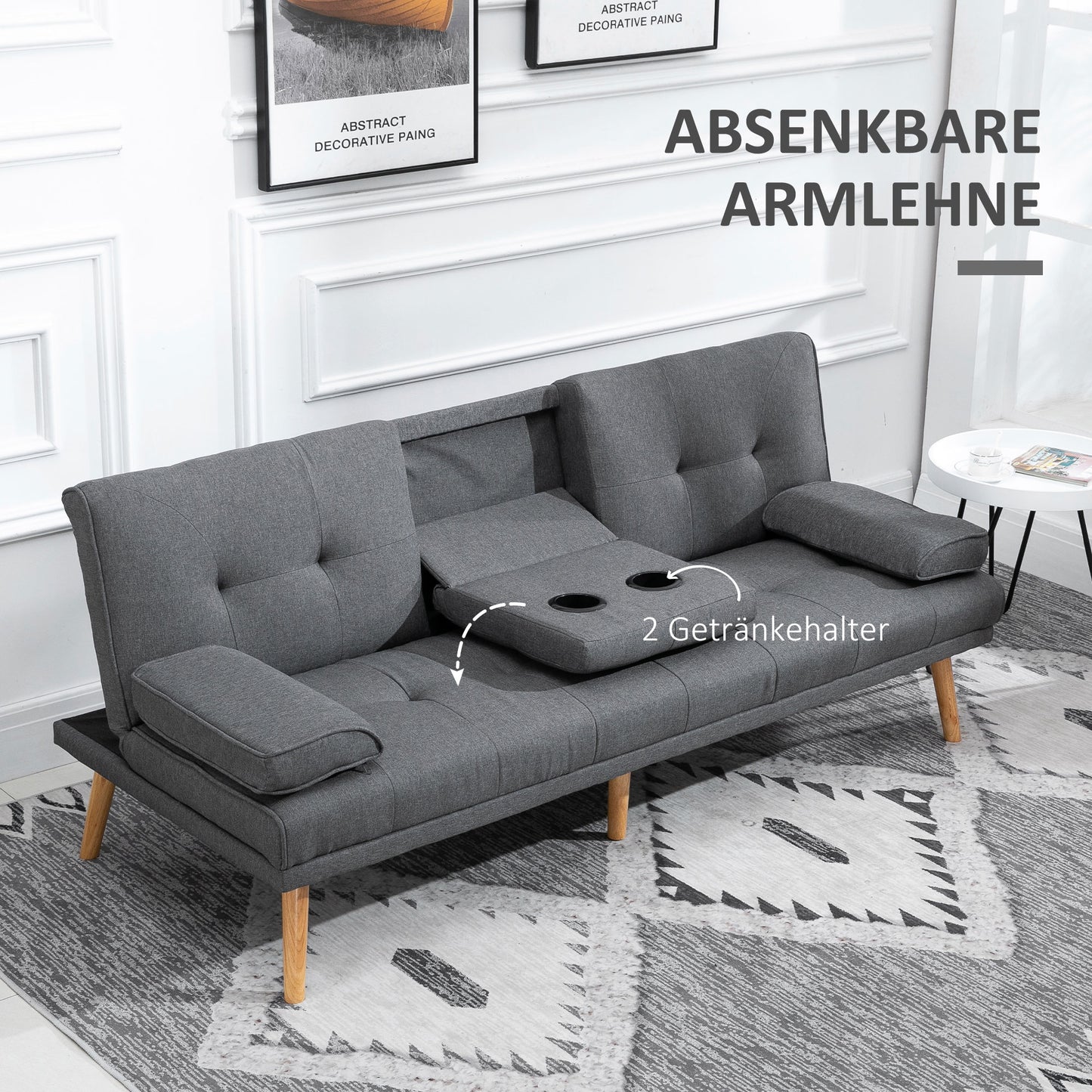 HOMCOM Schlafsofa im Skandi-Design, 3-Sitzer-Sofa, 2 Kissen, Grau + Natur