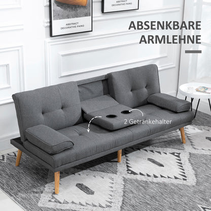 HOMCOM Schlafsofa im Skandi-Design, 3-Sitzer-Sofa, 2 Kissen, Grau + Natur