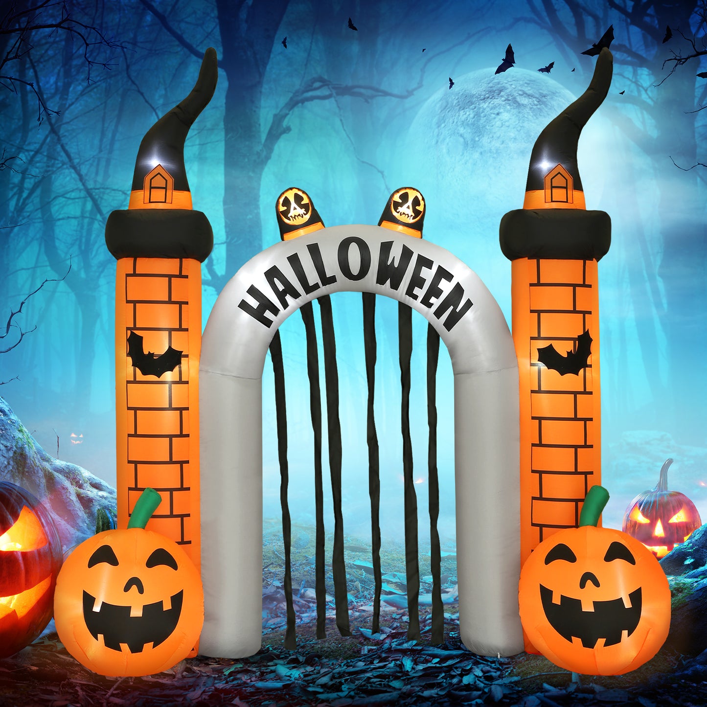 Outsunny Aufblasbarer Halloween-Torbogen, Kürbis-Design, LEDs, Heringe, Polyester
