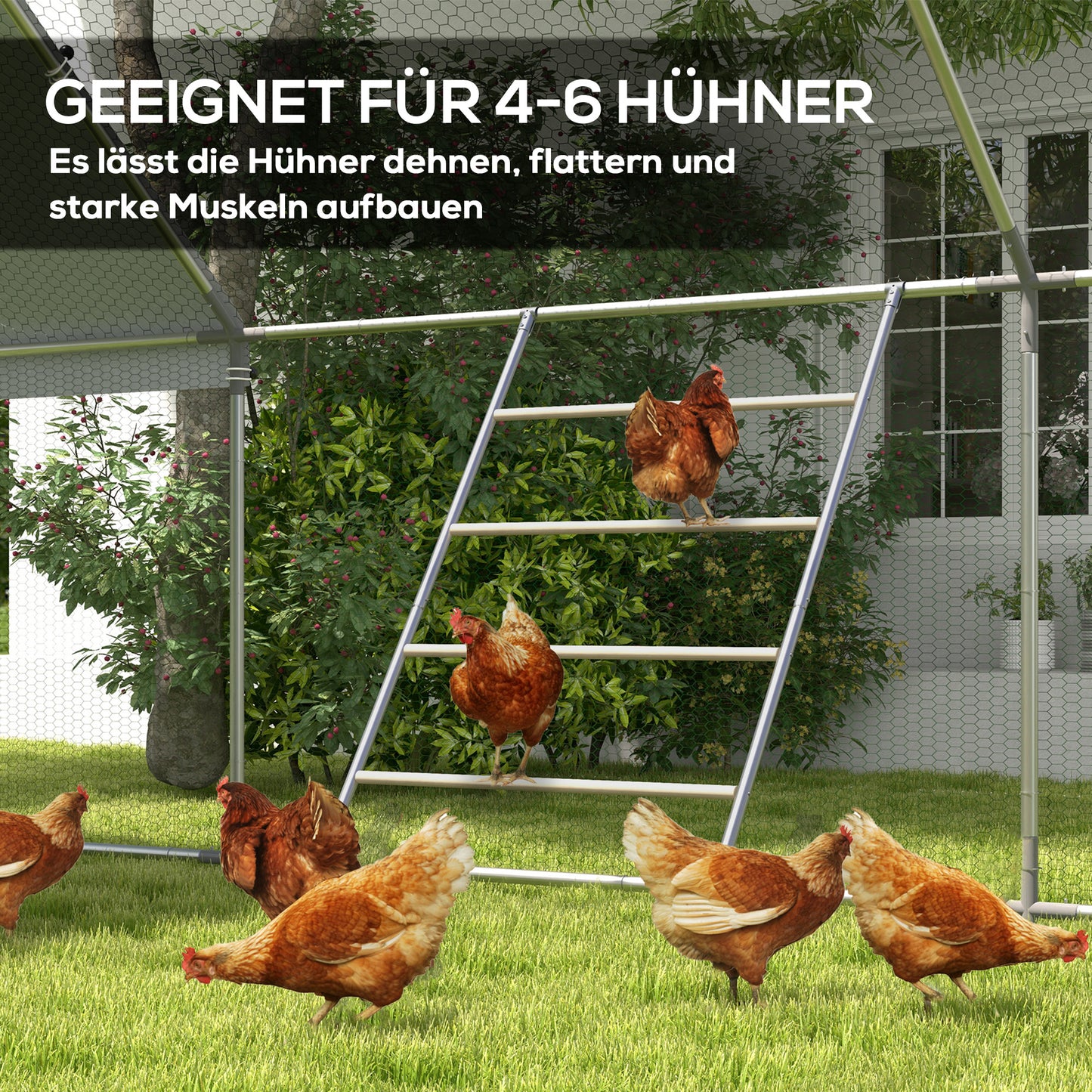 PawHut Sitzleiter für Hühner, 4 Sitzstangen, wetterfest, für 4-6 Hühner, Stahl/Holz