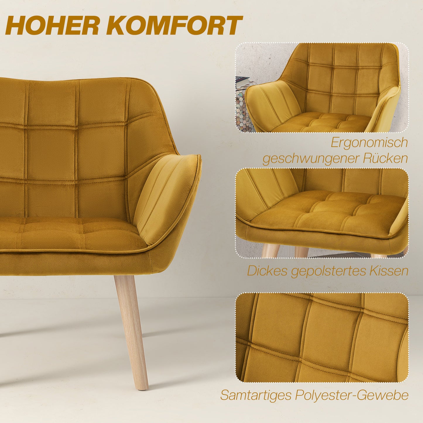 HOMCOM Polstersessel, Akzentsessel, Skandi Design, Samtoptik, bis 120 kg, Kautschukholzbeine, Gelb