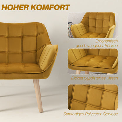 HOMCOM Polstersessel, Akzentsessel, Skandi Design, Samtoptik, bis 120 kg, Kautschukholzbeine, Gelb