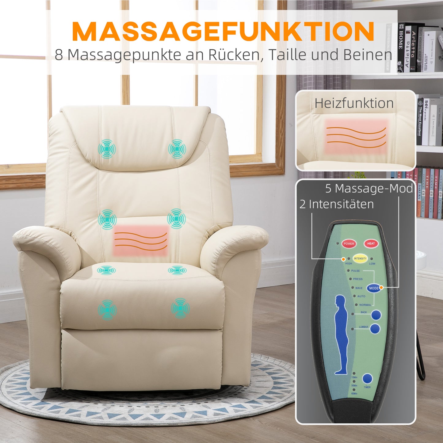HOMCOM Massagestuhl mit Aufstehhilfe, 8 Vibrationspunkte, Heizfunktion, Fußstütze, Creme