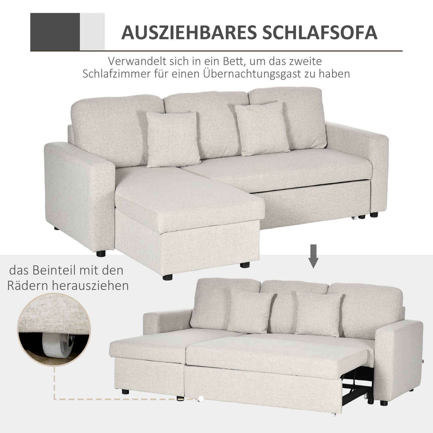 HOMCOM Ecksofa mit Bettfunktion, Eckcouch inklusive 2er-Sitz Sofa, Einzelbett, L-Form mit Stauraum, 2 Kissen Cremeweiß