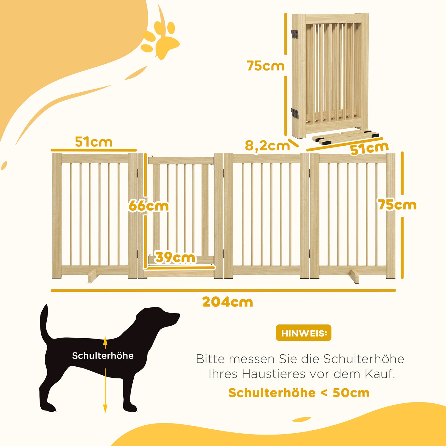 PawHut Freistehendes Hundegitter, 4 Paneele, flexibel, Kiefernholz, 204L x 36B x 75H cm, Naturholz