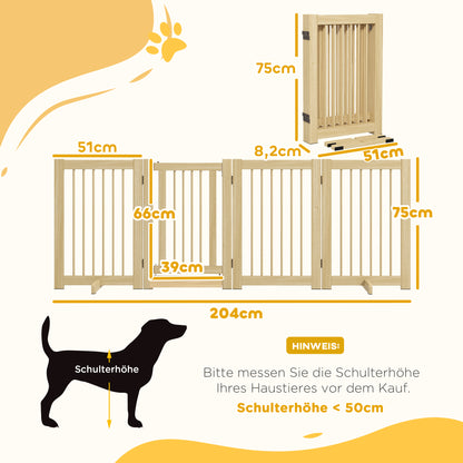 PawHut Freistehendes Hundegitter, 4 Paneele, flexibel, Kiefernholz, 204L x 36B x 75H cm, Naturholz