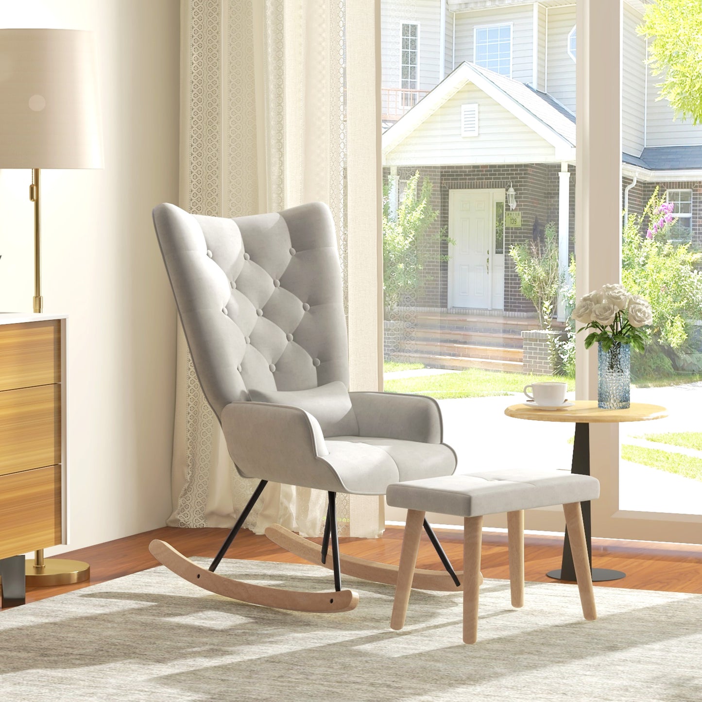 HOMCOM Schaukelsessel mit Hocker, gepolstert, hohe Rückenlehne, Samtoptik, bis 150 kg, Cremeweiß