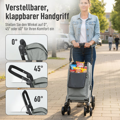 HOMCOM Einkaufstrolley, 46 Liter Tasche, Faltbarer Einkaufswagen mit Kühltasche, verstellbarer Griff, Aluminiumrahmen, Grau