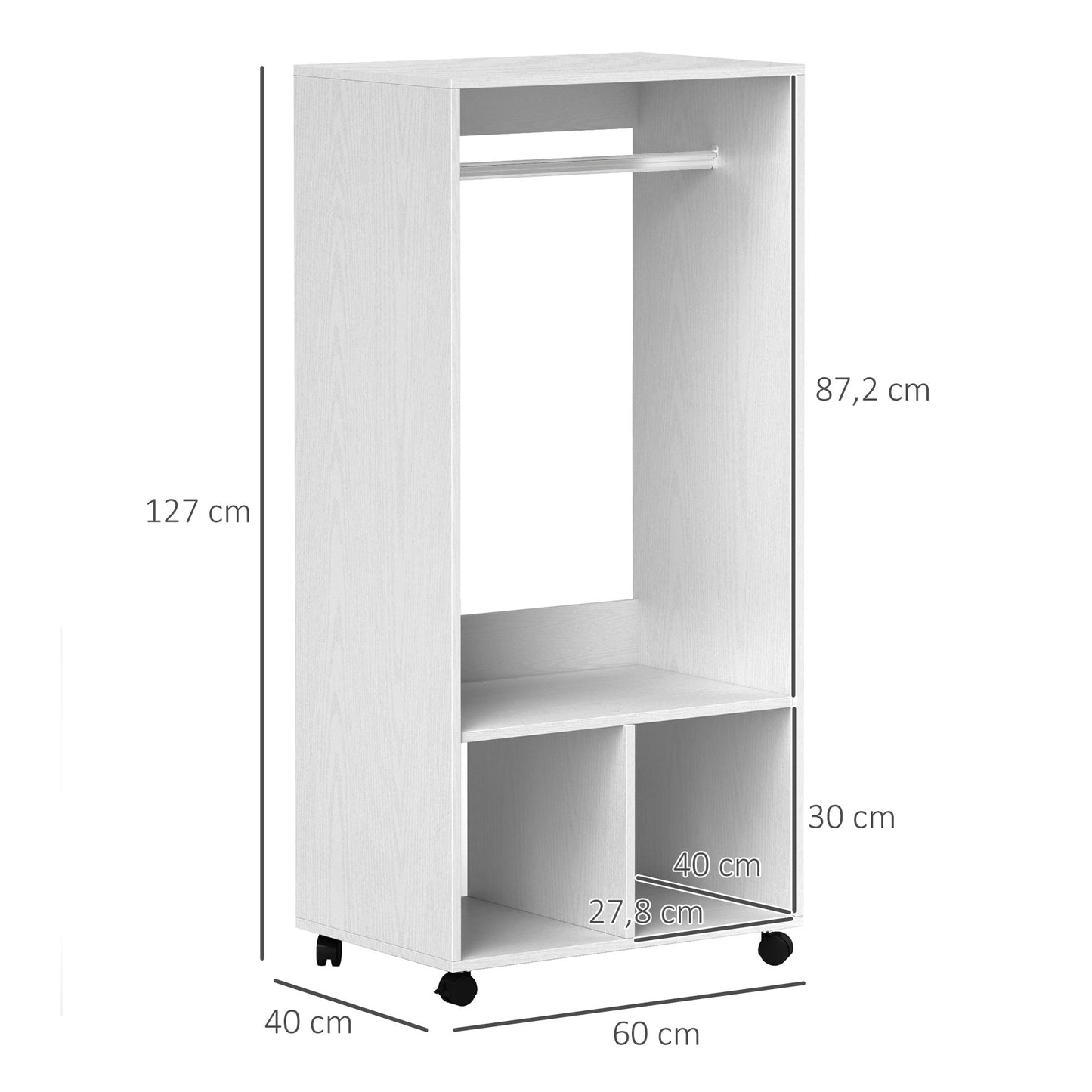 HOMCOM Kleiderschrank Garderobe,60 cm x 40 cm x 127 cm, 1 Kleiderstange, 2 Regale, Weiß