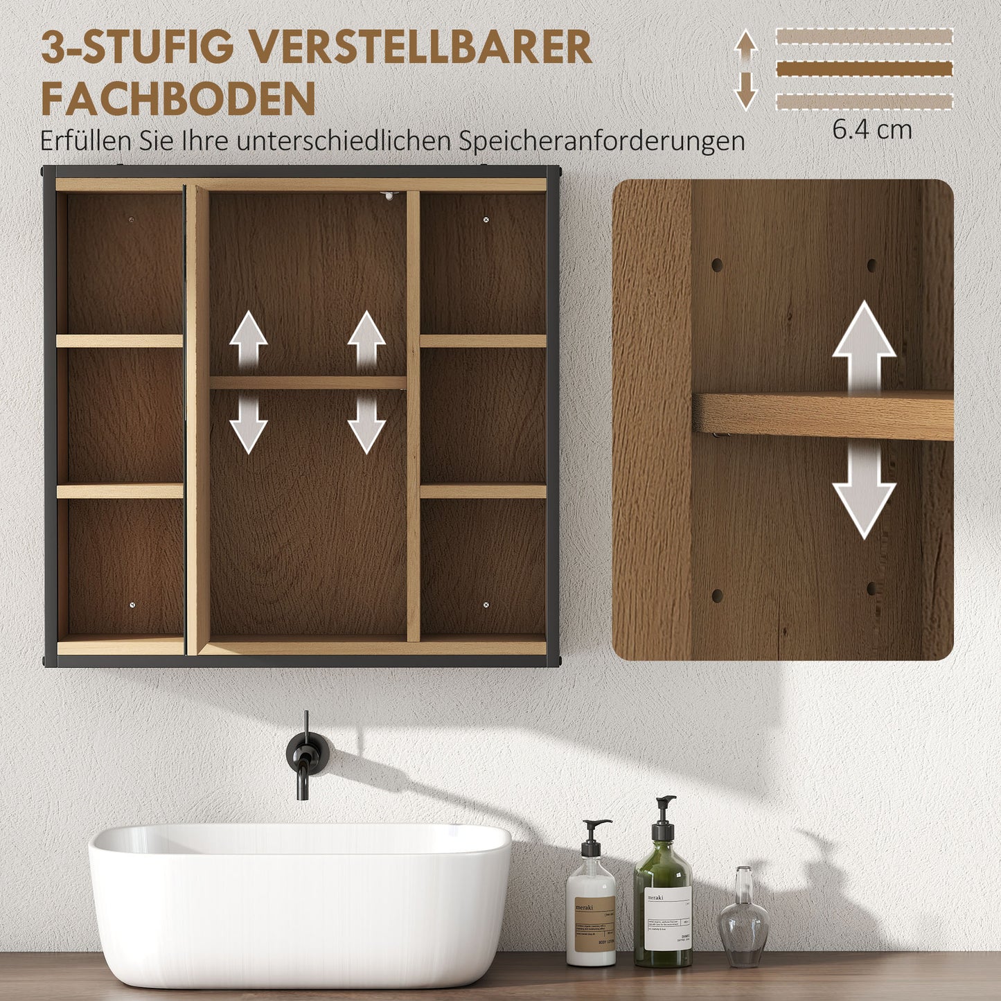 HOMCOM Badezimmer-Spiegelschrank, 6 offene Fächer, 3-stufiges Regal, Wandmontage, Eiche