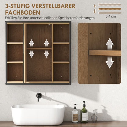 HOMCOM Badezimmer-Spiegelschrank, 6 offene Fächer, 3-stufiges Regal, Wandmontage, Eiche