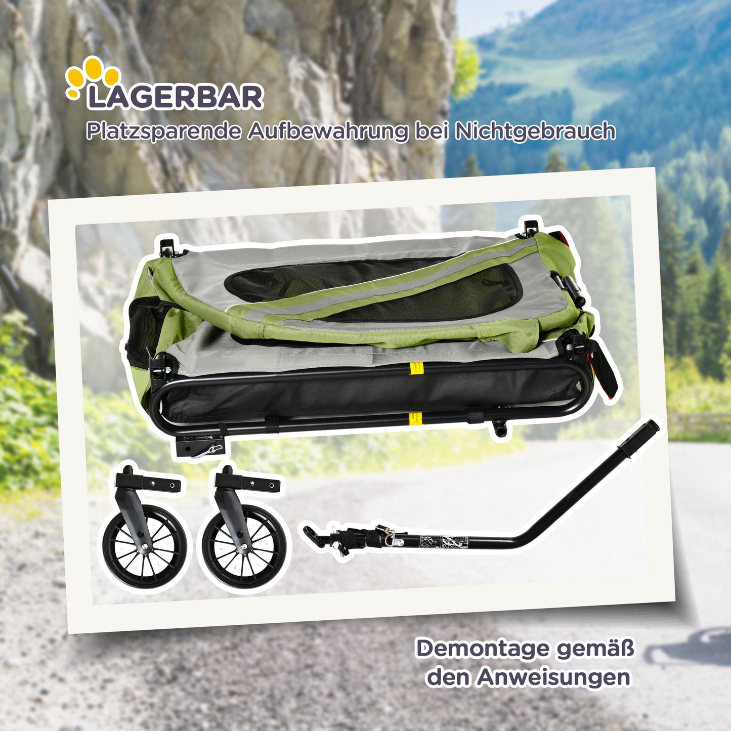 PawHut 2-in-1 Hundebuggy, Hundefahrradanhänger, klappbar, vattenfest, för Hunde bis 20 kg, Grün