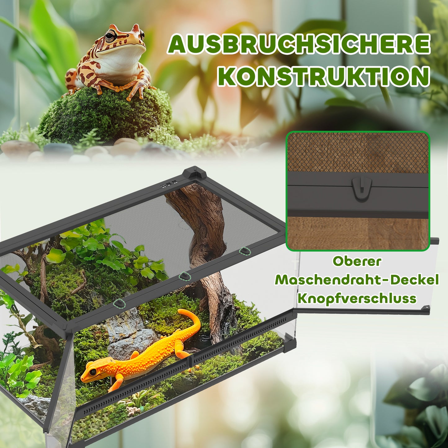 PawHut Glas-Terrarium für Reptilien, erhöhter &amp; wasserdichter Boden, Knopfschloss