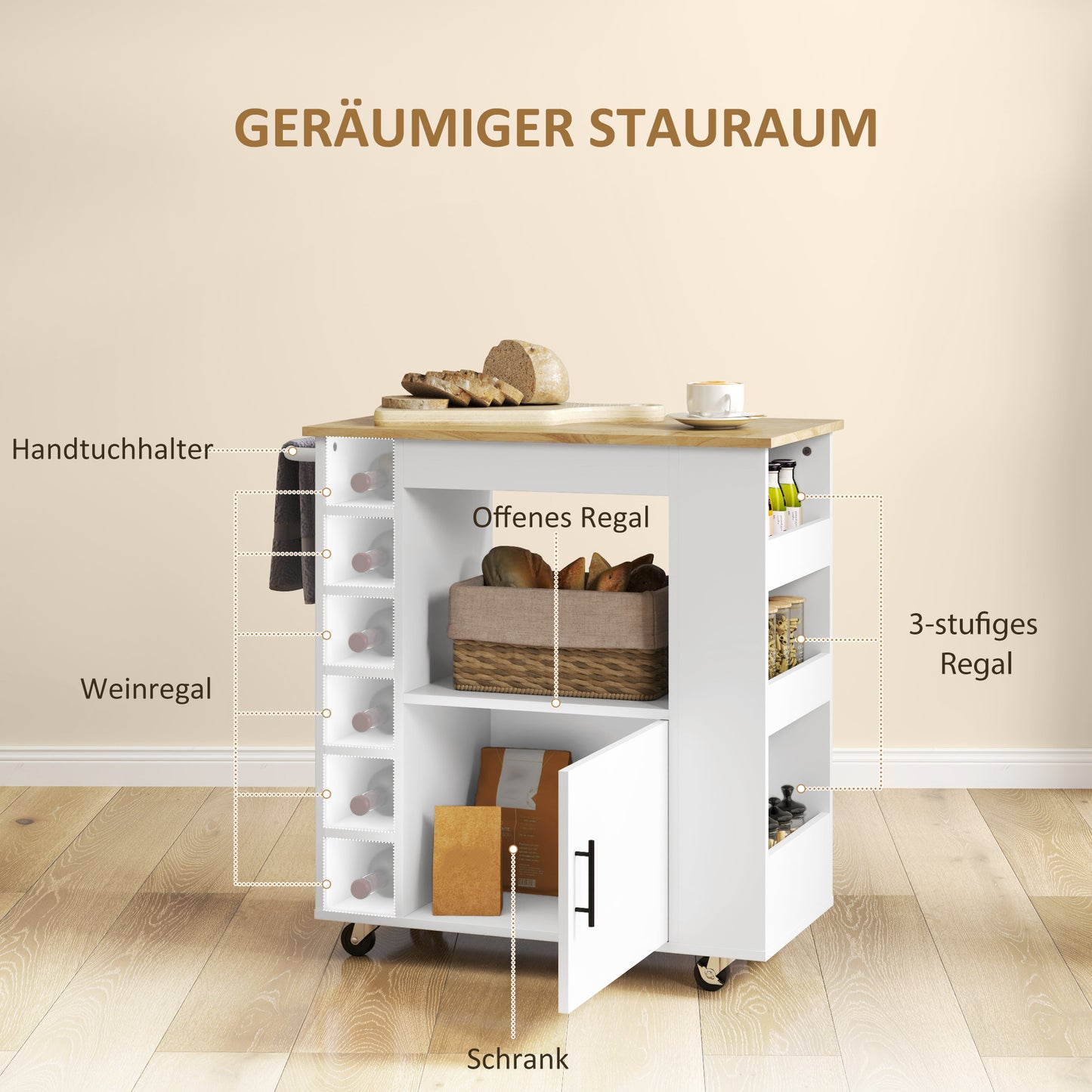 HOMCOM Küchenwagen, Rollbare Kücheninsel, Küchen-Trolley mit Fächern, Weinregalen, Schrank und Arbeitsfläche, Weiß