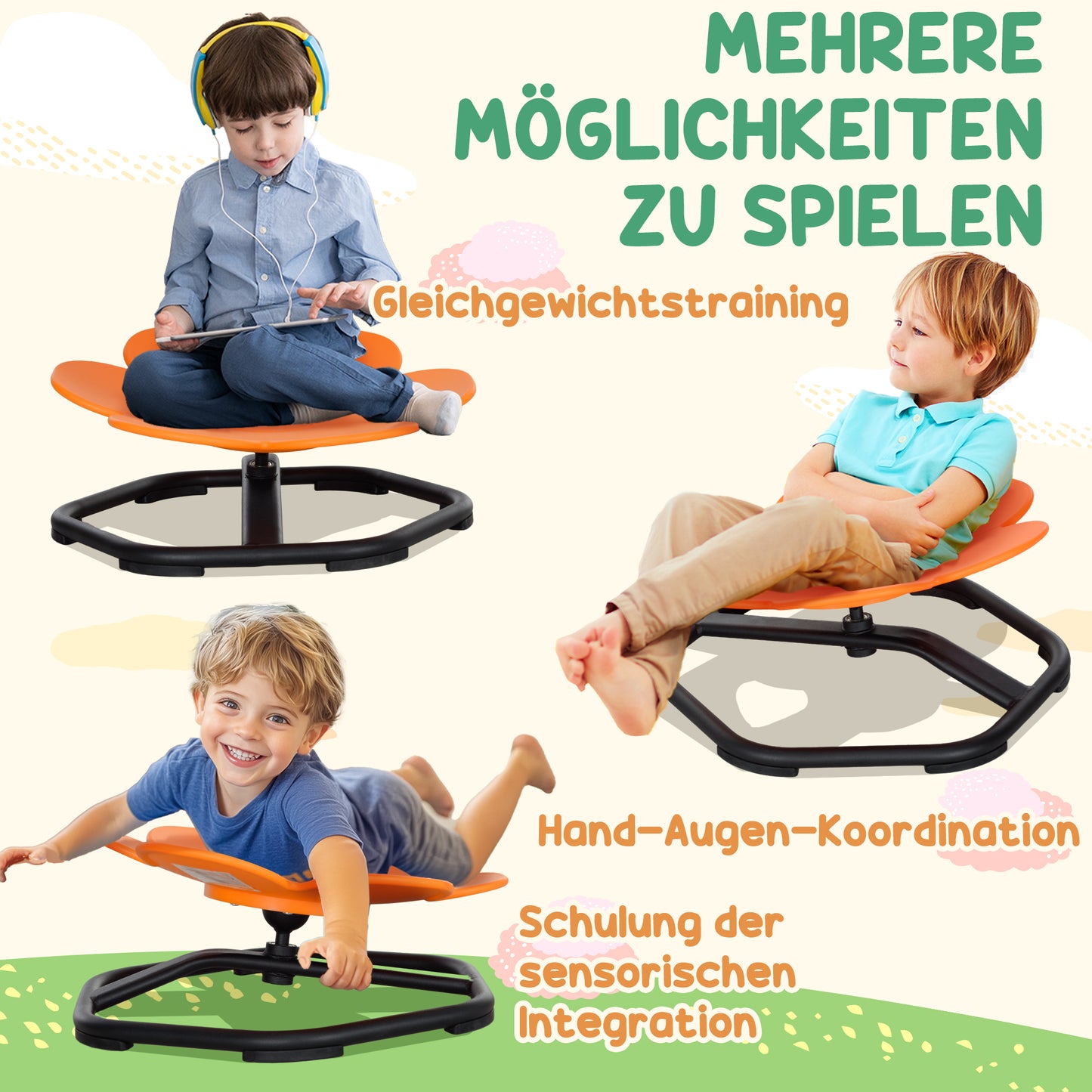 AIYAPLAY Sensorischer Kinderstuhl, Drehstuhl für Autismus, Sensorischer Balance Training Sitz Kunststoff Orange