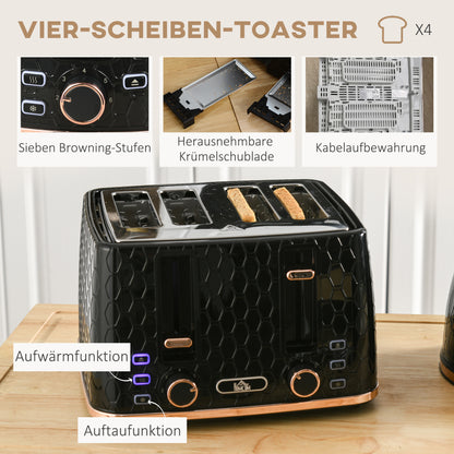 HOMCOM 2-in-1 Küchenset, Toaster und Wasserkocher, mehrere Optionen, 1,7 L, 4 Toastscheiben gleichzeitig, Kunststoff, Schwarz