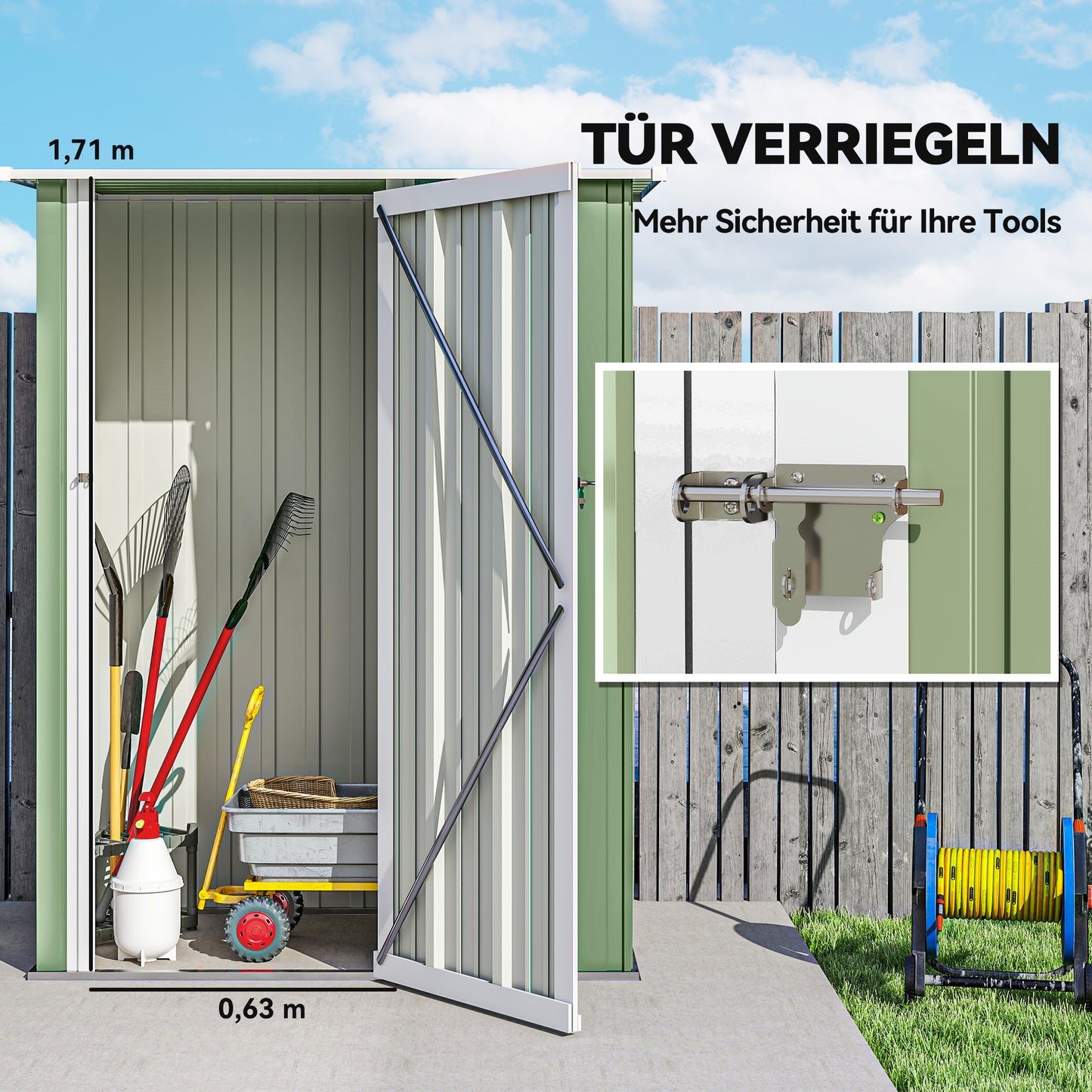 Outsunny Metall Gerätehaus 1,07 m² mit Schrägdach, 142 x 84 x 189 cm Geräteschuppen mit abschließbar Tür, Garten Schuppen, Gartenhaus Grün