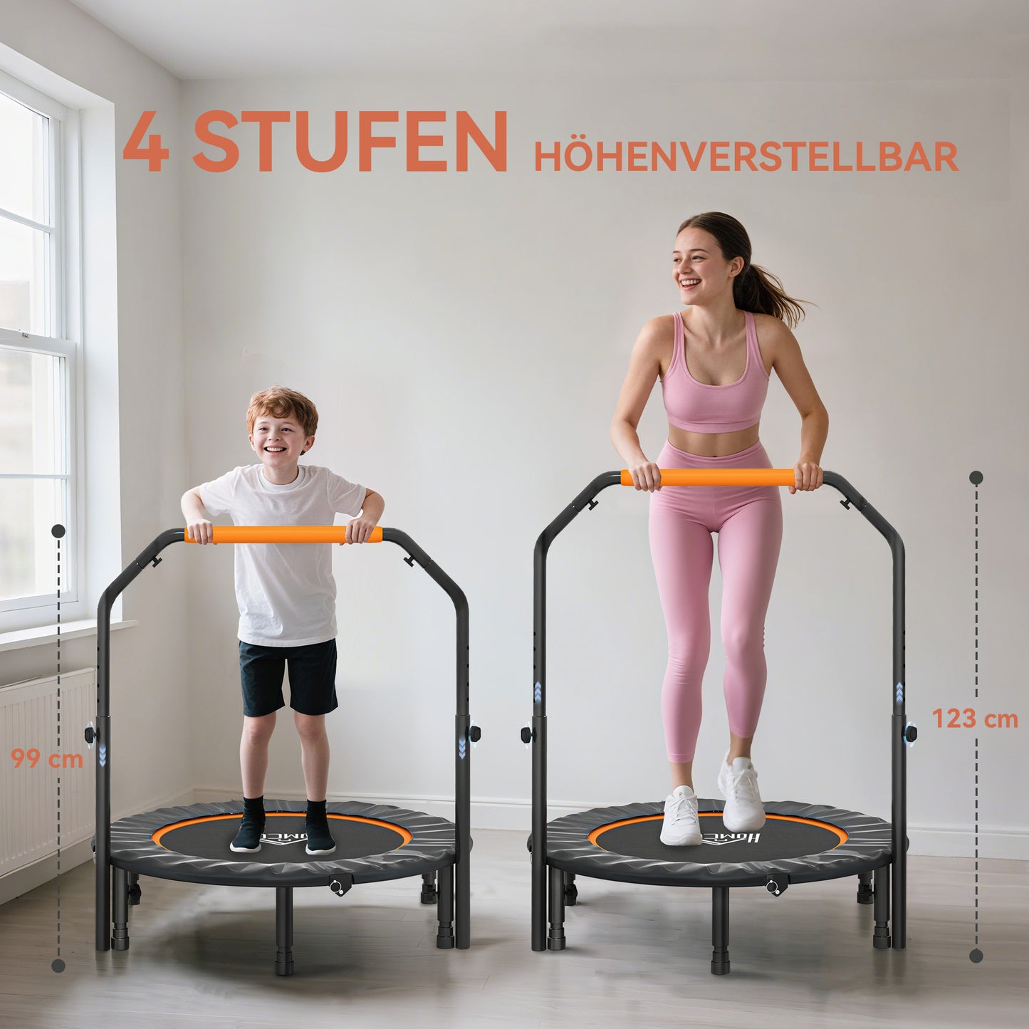 HOMCOM Fitnesstrampolin, klappbar, verstellbarer Haltegriff, Ø102 x 123H cm, bis 100 kg, Schwarz