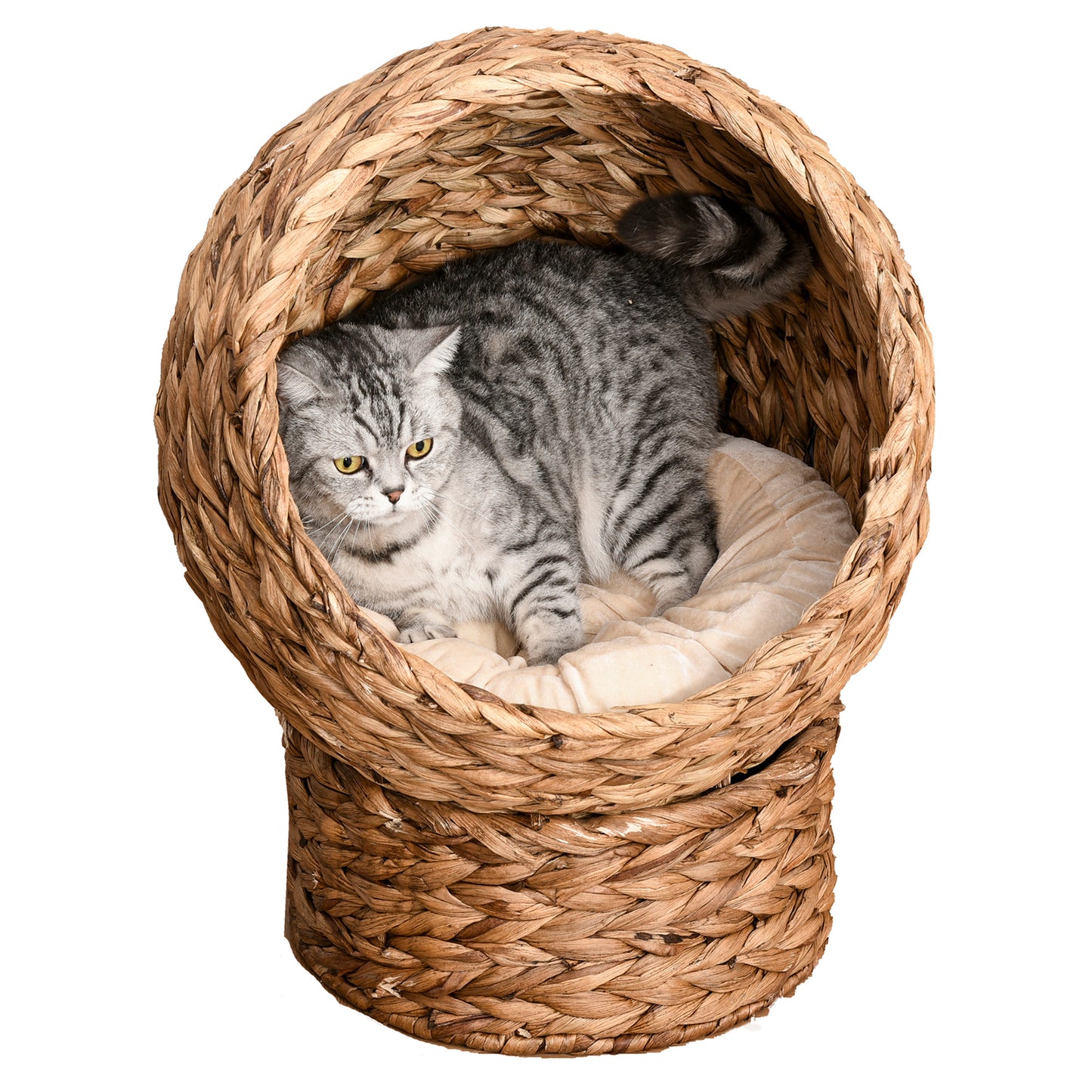 PawHut Rattan Katzenkorb Katzenhöhle Katzenhütte Katzenbett mit Kissen Haustierbett Wasserhyazinthe Braun 50 x 42 x 60 cm