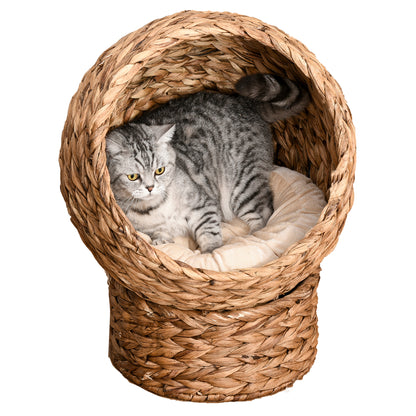 PawHut Rattan Katzenkorb Katzenhöhle Katzenhütte Katzenbett mit Kissen Haustierbett Wasserhyazinthe Braun 50 x 42 x 60 cm