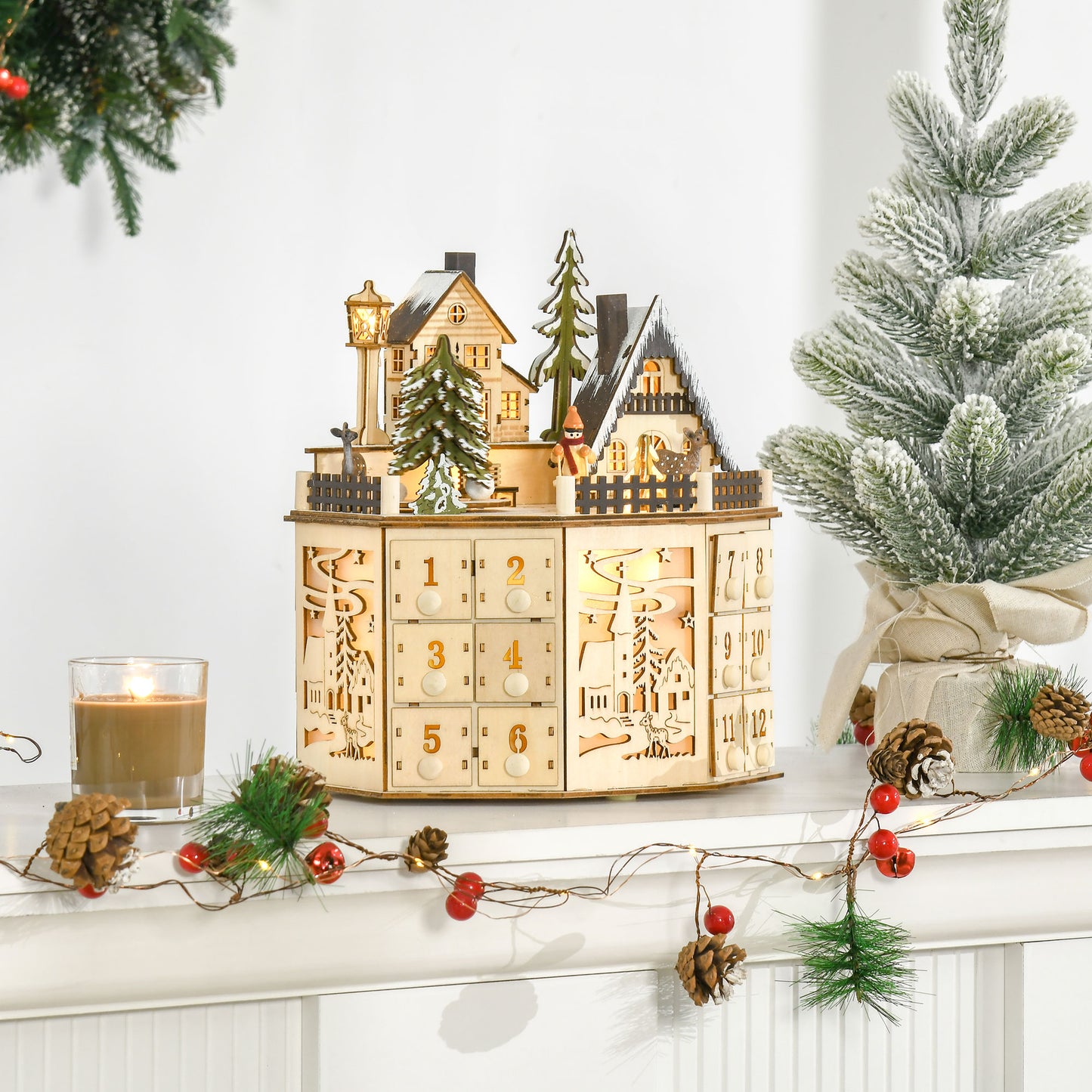 HOMCOM Adventskalender Adventskalenderbox Weihnachtsdekoration, LED-Lichter, 24 Schubladen, Natur