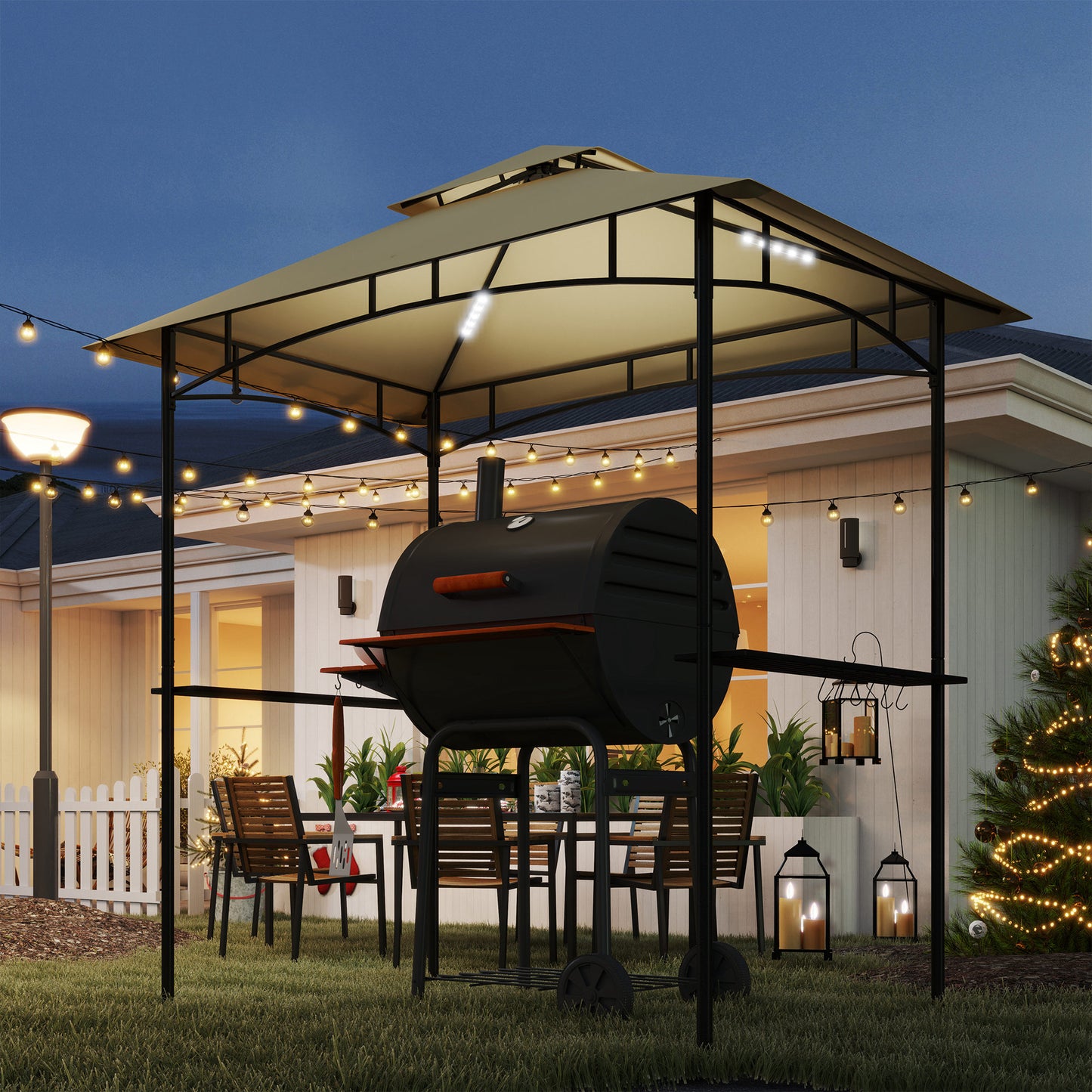 Outsunny Grillpavillon mit LED 240 x 150 x 258 cm wasserabweisend flammhemmend Gartenpavillon mit Doppelschichtdach
