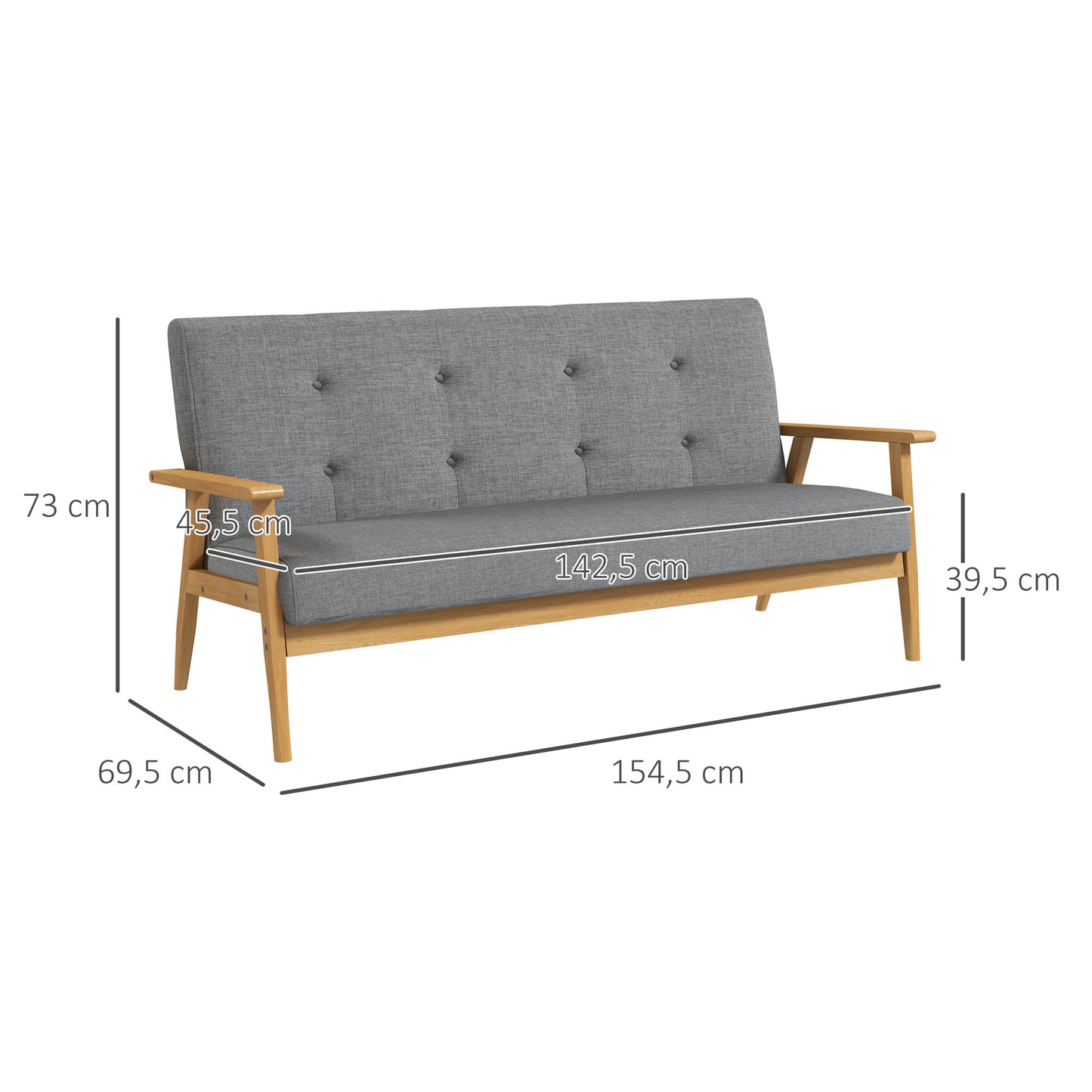 HOMCOM Dreisitzer-Polstersofa, Kautschukholz, 154,5 x 69,5 x 73 cm, Grau