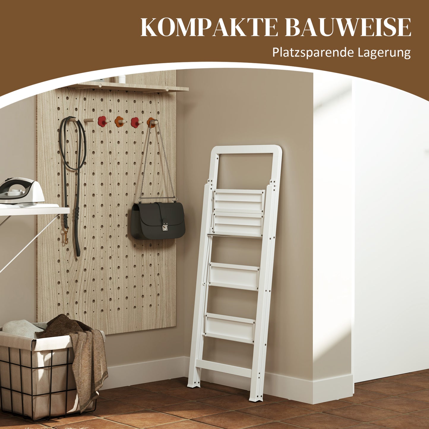 HOMCOM 3-stufige Trittleiter, Aluminum faltbar, rutschfeste Plattform, Weiß