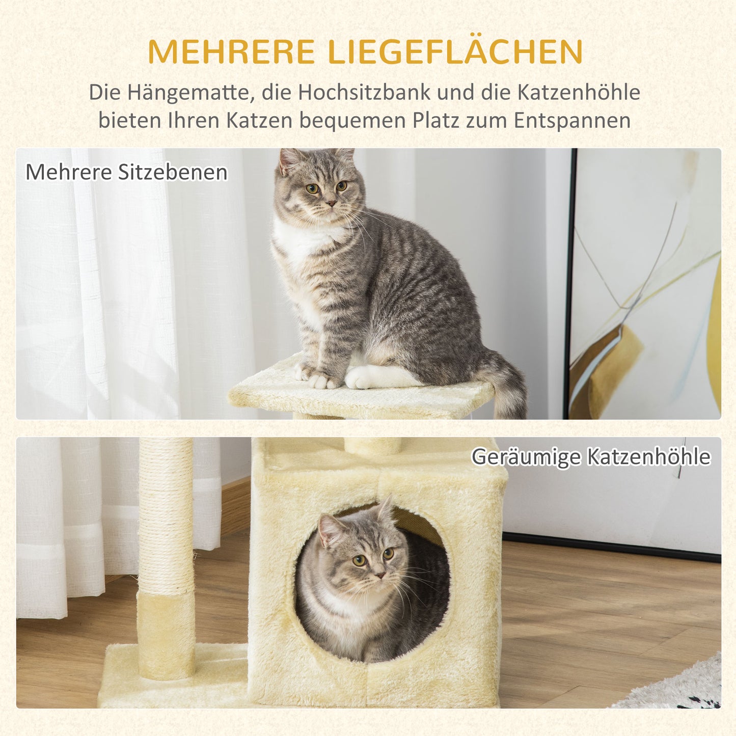 PawHut Kratzbaum mit Sisal Katzenbaum Kletterbaum Katzenmöbel Kratzbrett mit weichem Plüsch Katzenspielzeug stabil E1-Klasse Spanplatte Beige 50 x 30 x 81,5 cm