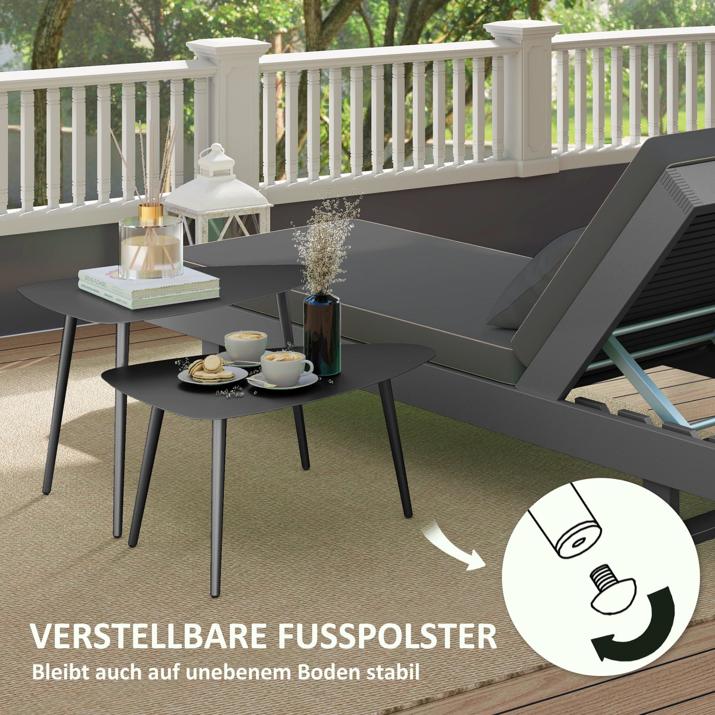 Outsunny Couchtisch 2er Set, Wetterfest Balkontisch aus Stahl, Beistelltisch im Geometrischem Design Schwarz