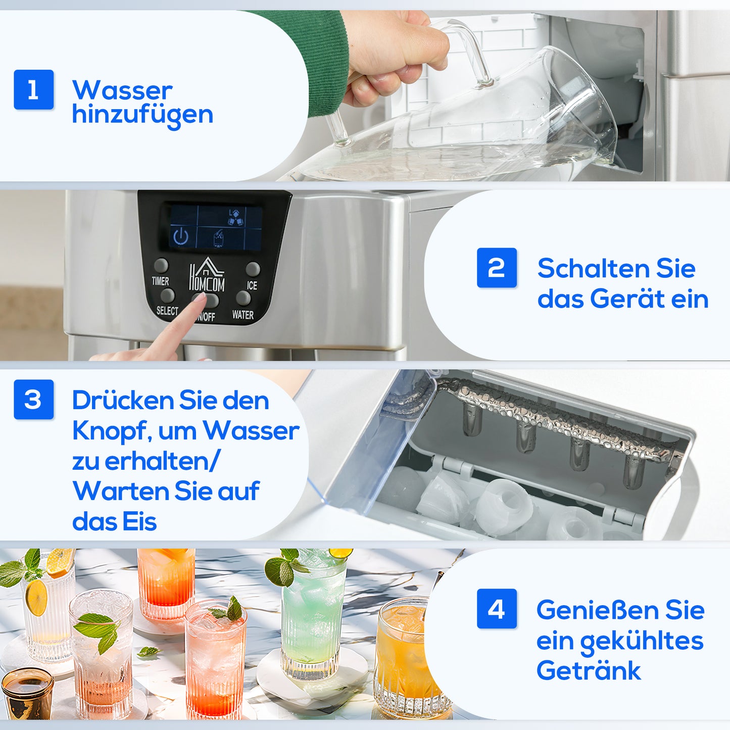 HOMCOM Eiswürfelmaschine Eiswürfelbereiter Ice-Maker, Timer-Funktion, 1,2 L Wassertank, Silber
