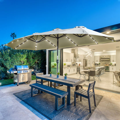 Outsunny Sonnenschirm med LED Solar 4,5m Doppelsonnenschirm Gartenschirm Marktschirm Terrassenschirm Oval Hellgrau+Schwarz