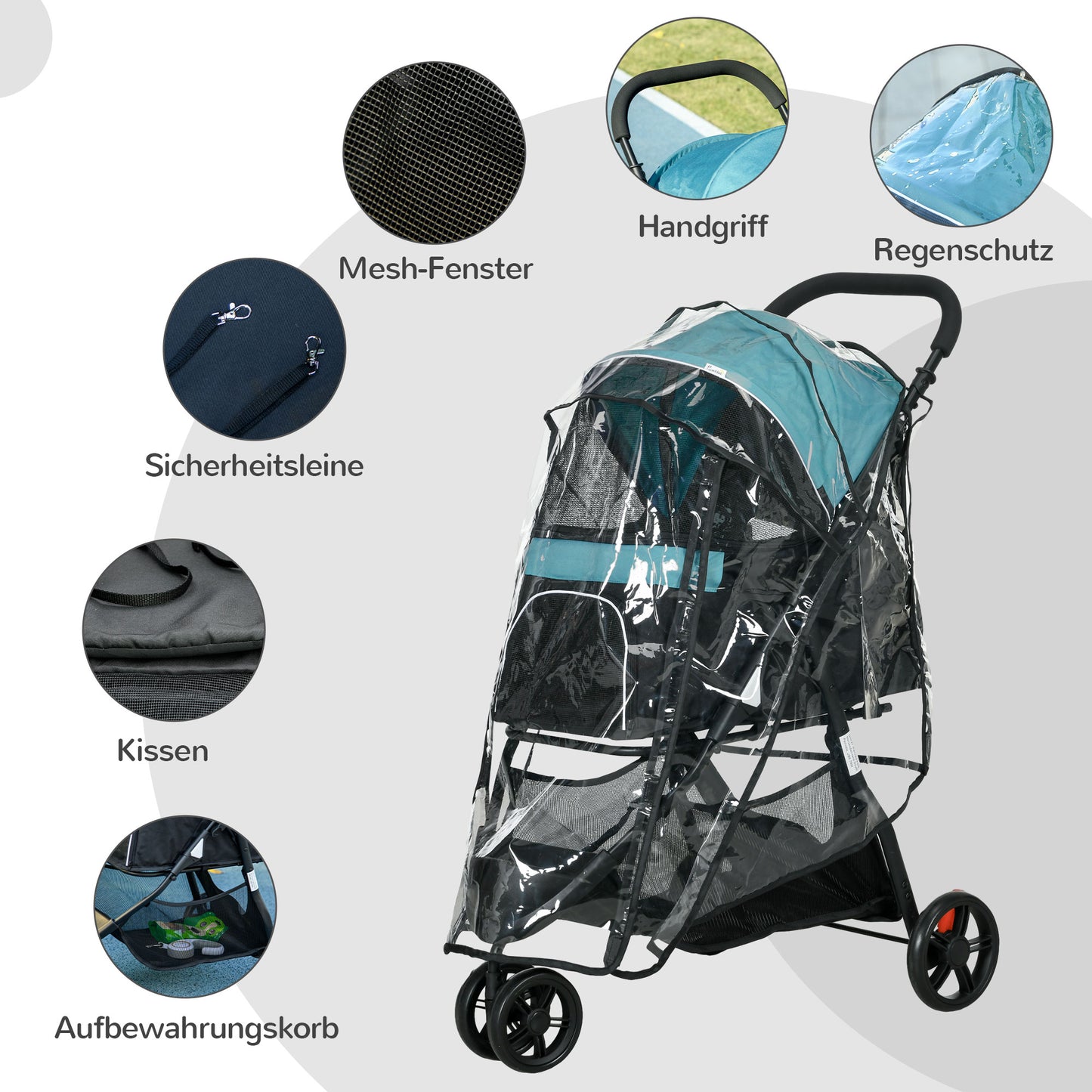 PawHut Haustierbuggy Hundebuggy bis 10kg klappbar Sicherheitsleine Handgriff Regenschutz Aufbewahrungskorb Blau + Schwarz