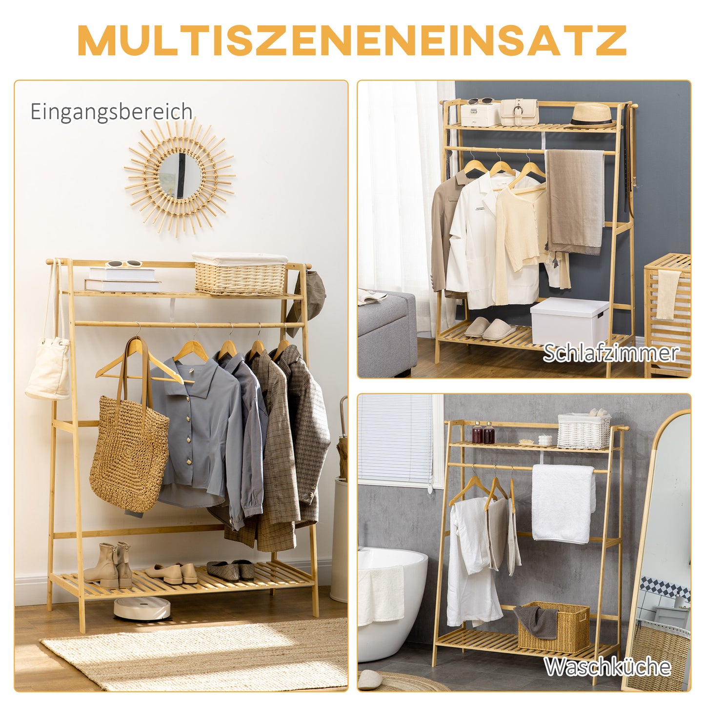 HOMCOM Kleiderständer aus Bambus, 2 Kleiderhaken, Kleiderstange, 2 Ablagen, 114 x 40 x 139 cm