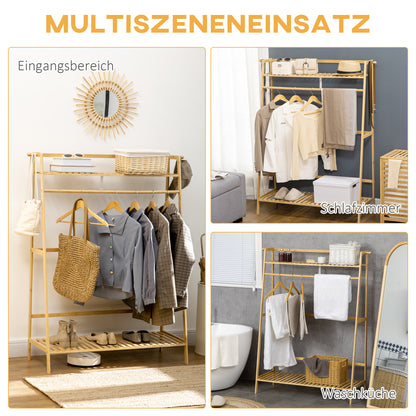 HOMCOM Kleiderständer aus Bambus, 2 Kleiderhaken, Kleiderstange, 2 Ablagen, 114 x 40 x 139 cm