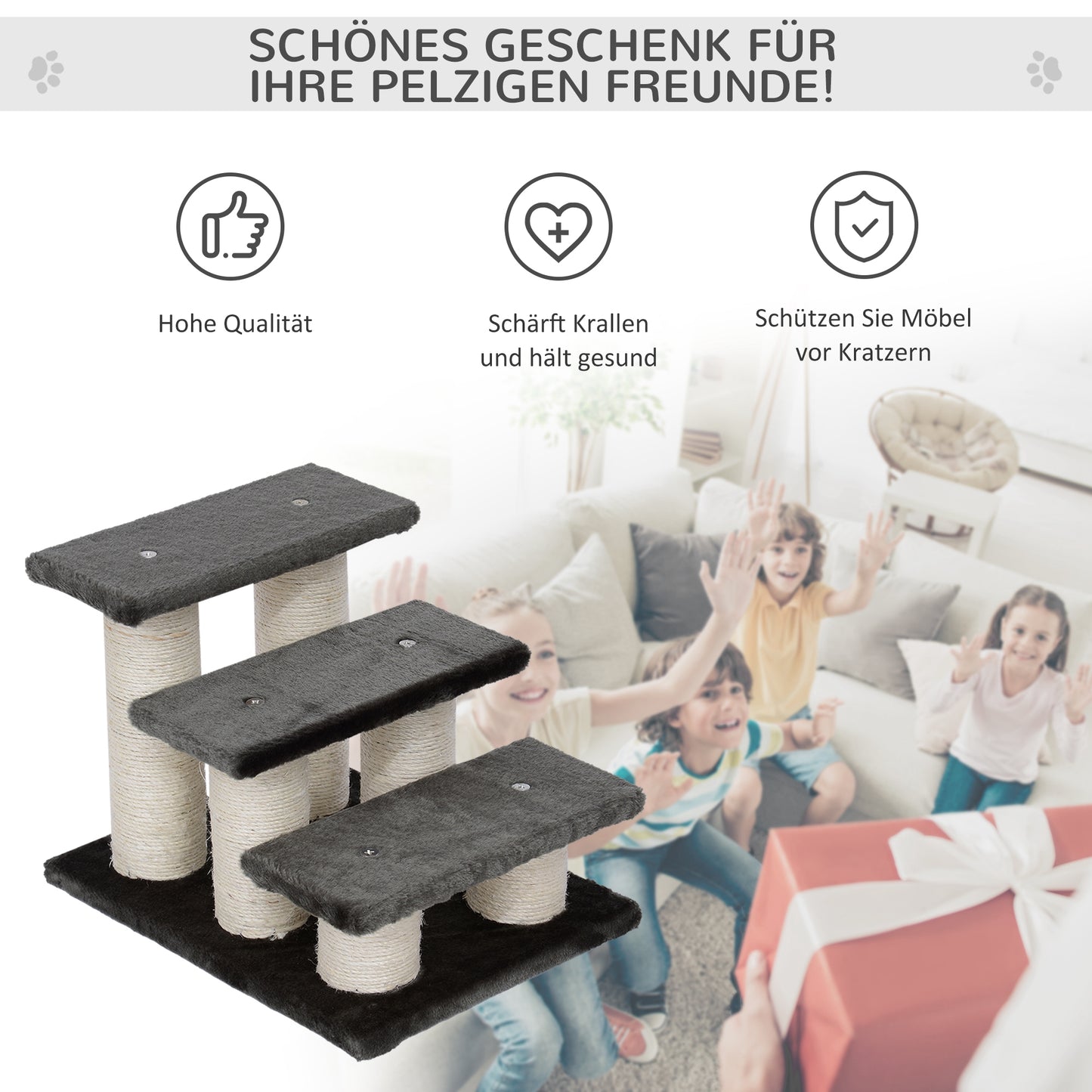 PawHut Hundetreppe 3 Stufen 34 cm Hoch Haustiertreppe für Hunde Katze Katzentreppe mit Kratzstamm Hunderampe Einstiegshilfe für Bett, Sofa, Couch Dunkelgrau