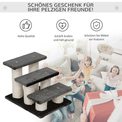 PawHut Hundetreppe 3 Stufen 34 cm Hoch Haustiertreppe für Hunde Katze Katzentreppe mit Kratzstamm Hunderampe Einstiegshilfe für Bett, Sofa, Couch Dunkelgrau