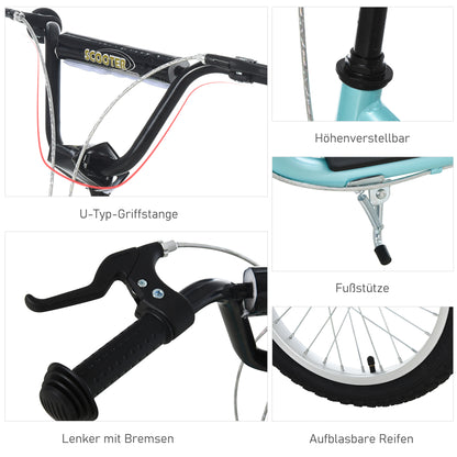 HOMCOM Kinderroller ab 5 jahre Scooter Tretroller Cityroller Kinder Roller Kickboard mit Luftreifen16/12 Zoll Blau 135 x 58 x 88-94 cm