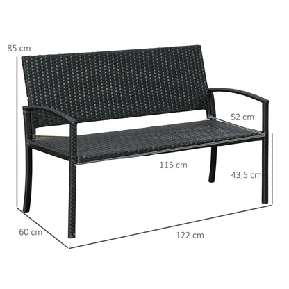 Outsunny Gartenbank, in Rattanoptik, mit Stahlrahmen, für 2 Personen, Schwarz, 122 x 60 x 85cm