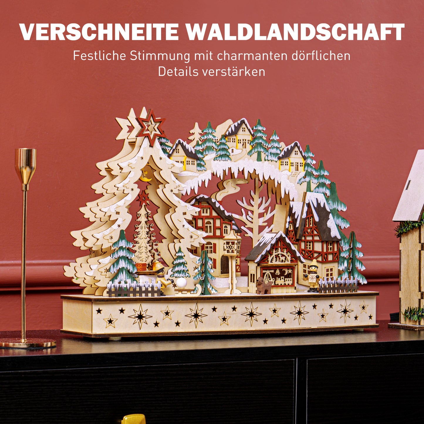 HOMCOM Weihnachtsdorf im Winterwunderland, 20 LED-Lichter, mehrschichtig, Naturholz, 45 x 12 x 30 cm