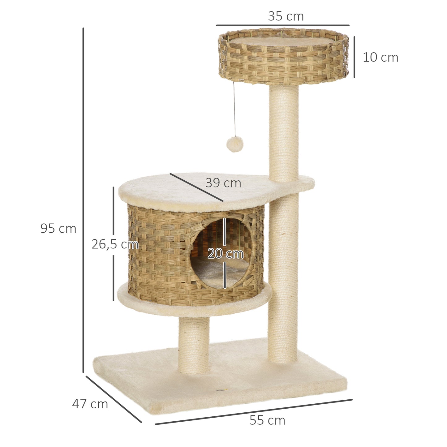 PawHut Kratzbaum Rattan 95 cm Höhe 3-Stufiger Katzenbaum mit Platform, Katzenbett, Kletterbaum mit Katzenhöhle Sisalstämmen Spielbälle Katzenmöbel Sisal Natur+Beige